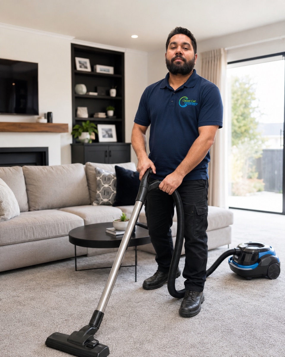 Clean Cut Canterbury owner cleaning a lounge carpet