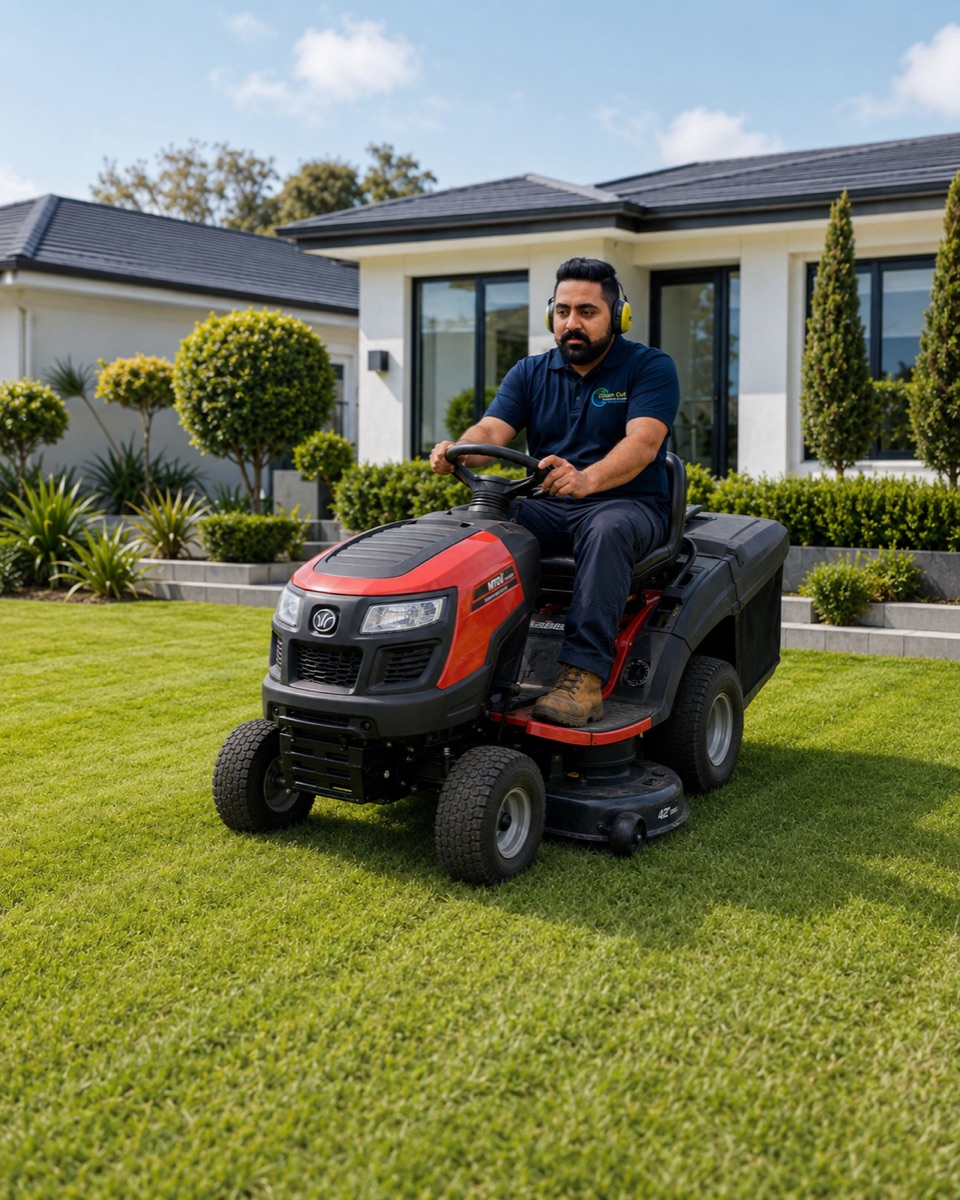 Clean Cut Canterbury owner on a ride-on mower